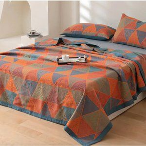 Ownkoti cotton queen size quilt in blue and orange with pillow cases
